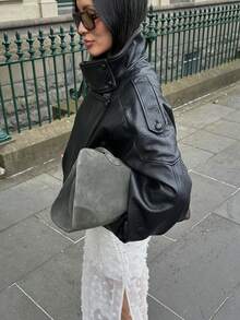 Black Pu Leather Jacket Women Autumn Jacket Coat Winter Clothes Long Sleeve Zip Up Ladies Bomber Jacket Fall Outfits Autumn Outfits Women Coat Streetwear - Black - View 2