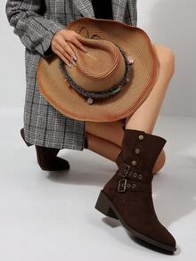 Botas de estilo europeo y americano de caballero romano negro/beige para mujer, botas de moda de unicolor, botas de tobillo casuales con hebilla y tacón grueso, botas de invierno casuales de puntera redonda y tacón grueso. Botas con hebilla de metal de estilo occidental de un solo empuje