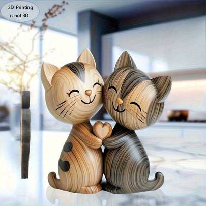 1 件 2D 平面优雅猫咪情侣雕塑，浅色和深色木纹，非常适合家居或办公室装饰，是送给猫爱好者的理想礼物，2025 年圣诞节最新款猫咪装饰