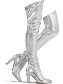 Shoe'N Tale Women Stretch Suede Chunky Heel Over The Knee Boots Thigh High For WomenChristmas - 銀色 - 查看 6