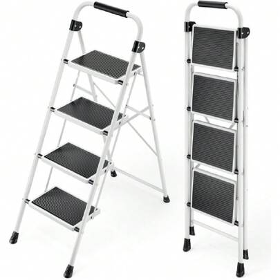 Step Ladder 4 Step Folding Step Stool For Adults With Handrails Heavy Duty Steel Sturdy Weight Collapsible Portable Step Ladder With Anti-Slip Wide Pedal,White,23157950