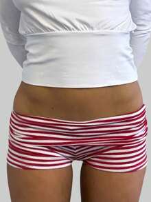 Womens Fold Over Shorts Stripe/ Dots Print Elastic Waist Low Rise Y2k Lounge Shorts Foldover Cute Pajama Micro Bottoms Mini Shorts Loungewear Summer Casual Skinny Pj Bottom Sleep Shorts - Đỏ - Xem 1