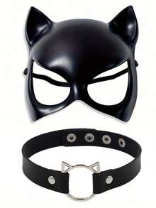 圣诞装饰套装 1 套 黑色性感猫咪面具 时尚可调节朋克哥特项链 Cosplay道具 圣诞嘉年华派对 动物角色扮演面具 化妆舞会半脸面具配饰 - 黑色 - 查看 6