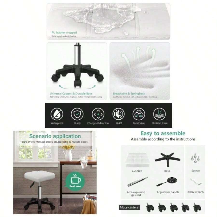 Square Rolling Stool With Wheels Stool Chair Swivel Stool Salon Massage Spa Stool Black - White - View 1