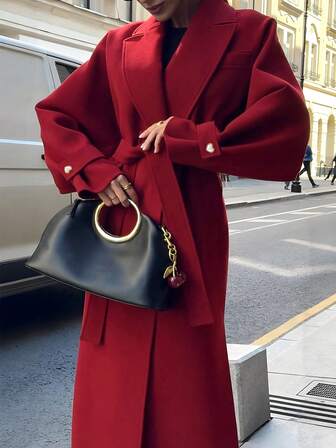 Long Lapel Cardigan Coat, Solid Color Knitted Fabric Button Closure Cinched Waist Cinched Waist Outerwear, Suitable For Daily, Evening Date, Formal Dinner, Travel, Tea Party, Airport In Autumn/Winter