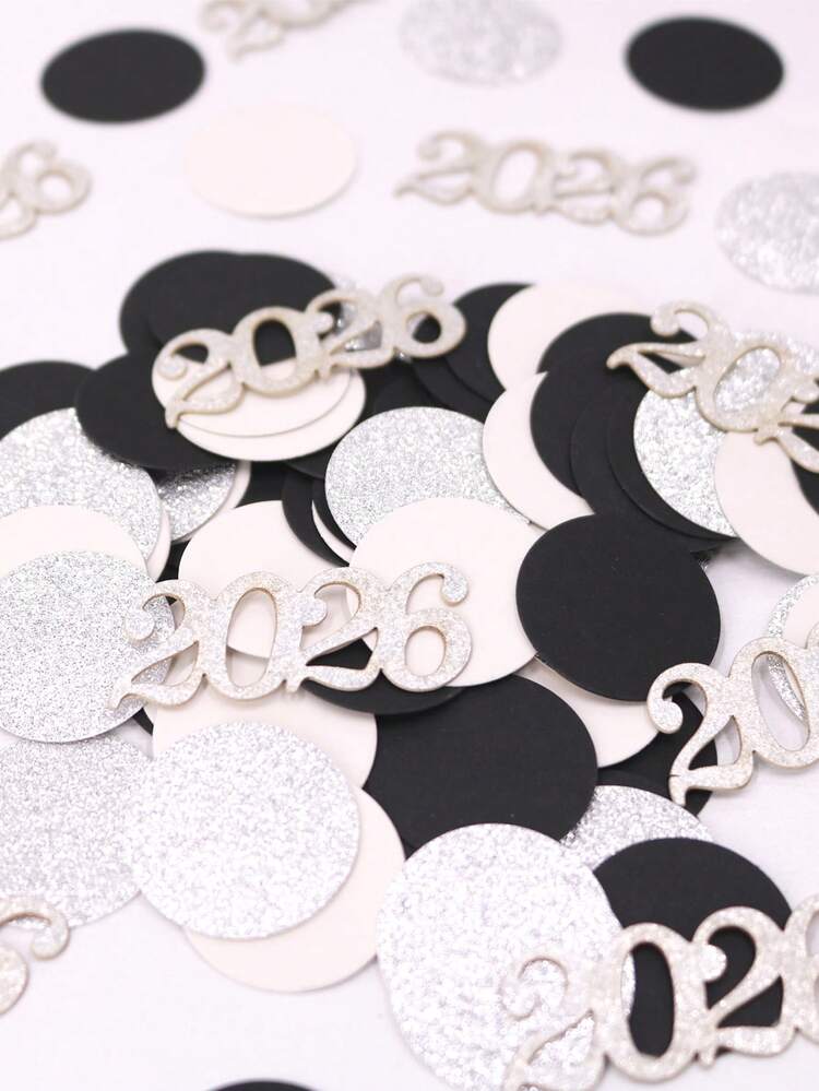 120pcs Shiny Silver & Black Scattered Polka Dot And 2026 Confetti Table Decorations, Suitable For 2026 Wedding, Anniversary, Graduation, Retirement Celebration, Christmas, New Year, Winter Dining Table, Room, Gifts, Throwing Decor - Black Silver - View 6