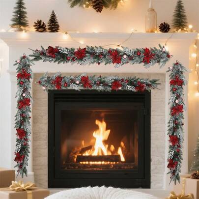 Christmas Poinsettia Garland Realistic Red Flower Artificial Pine Vines For Christmas Tree Home Wall And More