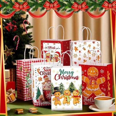 24pcs/12pcs/6pcs Christmas Gingerbread Party Gift Bags - Paper Christmas Treat Bags With Handles, For Christmas Party Decor And Holiday Supplies, Birthday Party, Wedding, Christmas Gifts, Christmas Decorations, Birthday Party, New Year Gifts, Random Colors And Styles Christmas Christmas Decorations Christmas Pajamas Christmas Gifts Christmas Decor