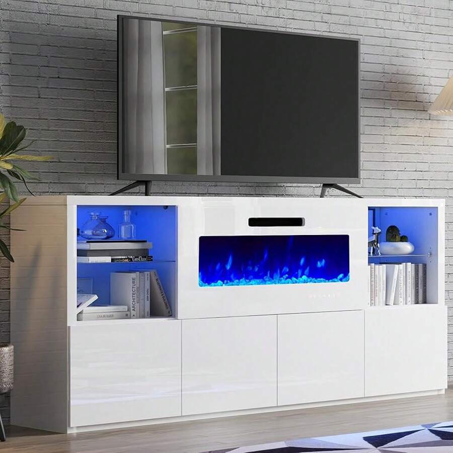 68" Modern High Gloss Fireplace TV Stand With LED Lights, Entertainment Center Media Console Cabinet With Adjustable Glass Shelves, Fits TVs Up To 78" For Living Room - 白色 - 查看 1
