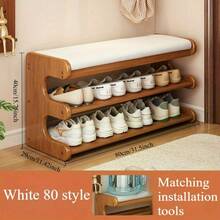1pc Bamboo Shoe Bench With Shoe Rack, Freestanding Shoe Organizer Suitable For Hallway, Bedroom Or Balcony - White - View 4