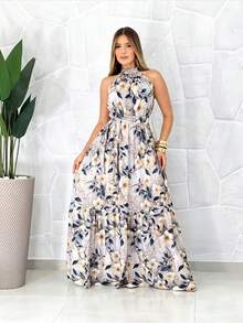 Women's Long Floral Crepe Silk Dress With High Neck Elegant Luxury Fashion 2025 - 漫遊藍 - 查看 4