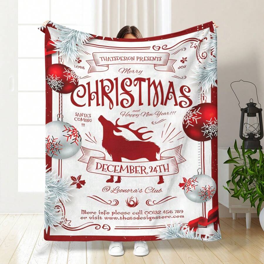 1pc Christmas Deer Printed Super Soft Blanket, Digital Printing Blanket For Air Conditioning, Office Nap, Vintage Casual Throw Blanket