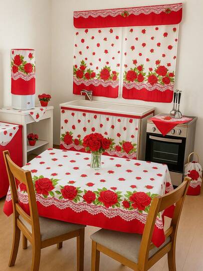 Jogo De Cozinha Completo 10 Peças Cortina de Pia Janela Toalha De Mesa em Tecido Oxford Estampado