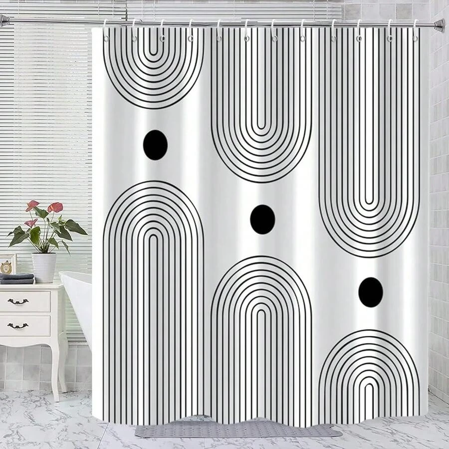 White And Black Extra Long Shower Curtain, Boho Minimalist Mid Century Modern Arch Geometric Machine Washable Waterproof Fabric For Bathroom Bathtub Decor With Hooks 72Wx78H{"Color_name":"WhiteandBlackBoho","Size_name":"72\"Wx78\"L(Packof1)"} - 多色19 - 查看 1