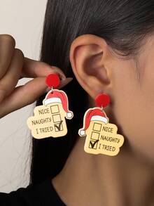 1 Pair Funny & Cute Acrylic Christmas Hat & Text Dangle Earrings, Suitable For Women Christmas Party, Holiday Celebration Jewelry Accessories