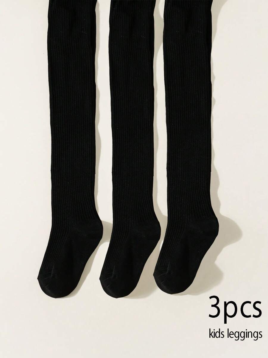 3 Pairs Girls' Basic Tight Leggings, Black Striped Skinny Tights, Suitable For Girls' Daily Wear