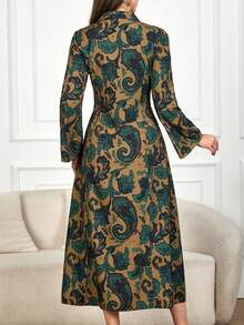Elegant Paisley Print Long Arabian Dress For Women, Featuring Collar, Long Regular Sleeves, And Mock Buttons, Perfect For Fall Spring - Green - View 2