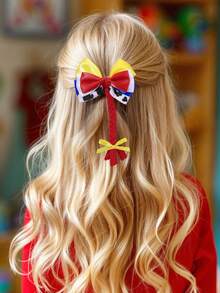 1 件装女童公主蝴蝶结发夹牛仔女孩风格印花蝴蝶结鳄鱼皮发夹，牛仔发饰，适合儿童金发