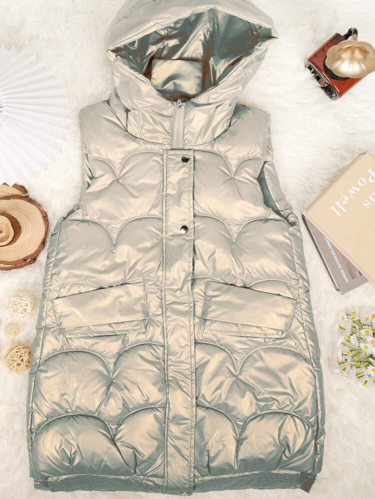 Sleeveless Patent Hooded Padded Coat - Silver - View 7