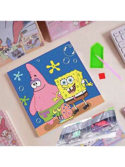 SpongeBob SquarePants لوحة الماس - وباتريك مؤطرة يدوية الصنع DIY لوحة الماس، ملصق الماس الكرتوني، لوحة ديكور الغرفة قطعة واحدة