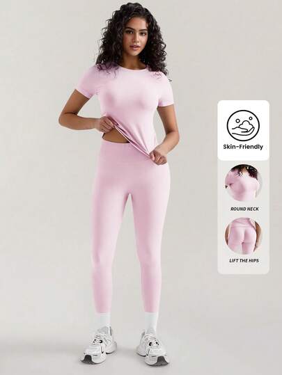 Yefecy 2/4 女式纯色圆领 T 恤和高腰紧身裤运动服套装，运动舒适 T 恤和紧身裤，适合瑜伽健身房锻炼，女士夏季返校运动服，女式运动服，市中心女孩服装春夏风格