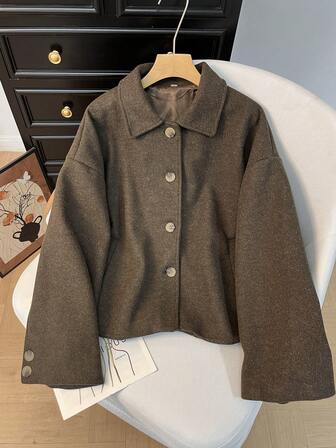 GMFP 女士秋冬纯色长袖休闲女式冬季外套衬衫领棕色羊毛混纺圣诞外套