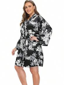 iFigure Batas cortas de satén para mujer, talla, batas de - Floral negro - Ver 9