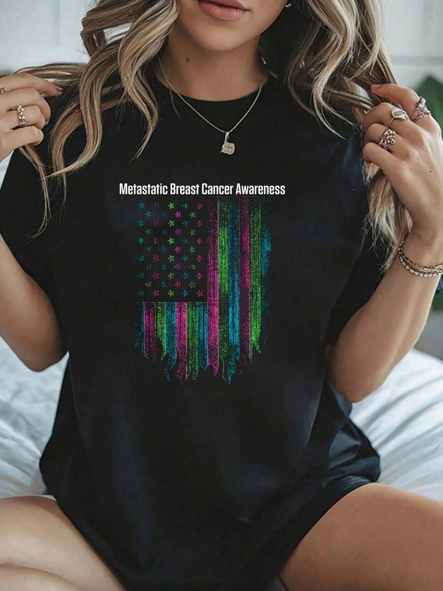 Camiseta de guerrero de la bandera de conciencia sobre el cáncer de mama metastático unisex de 100% algodón, camiseta de manga corta estampada para otoño e invierno - Negro - Ver 1