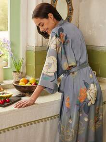 复古中国风宽松加大码中长款优雅印花和服罩衫，休闲通勤装，轻薄夏季沙滩罩衫，性感睡袍