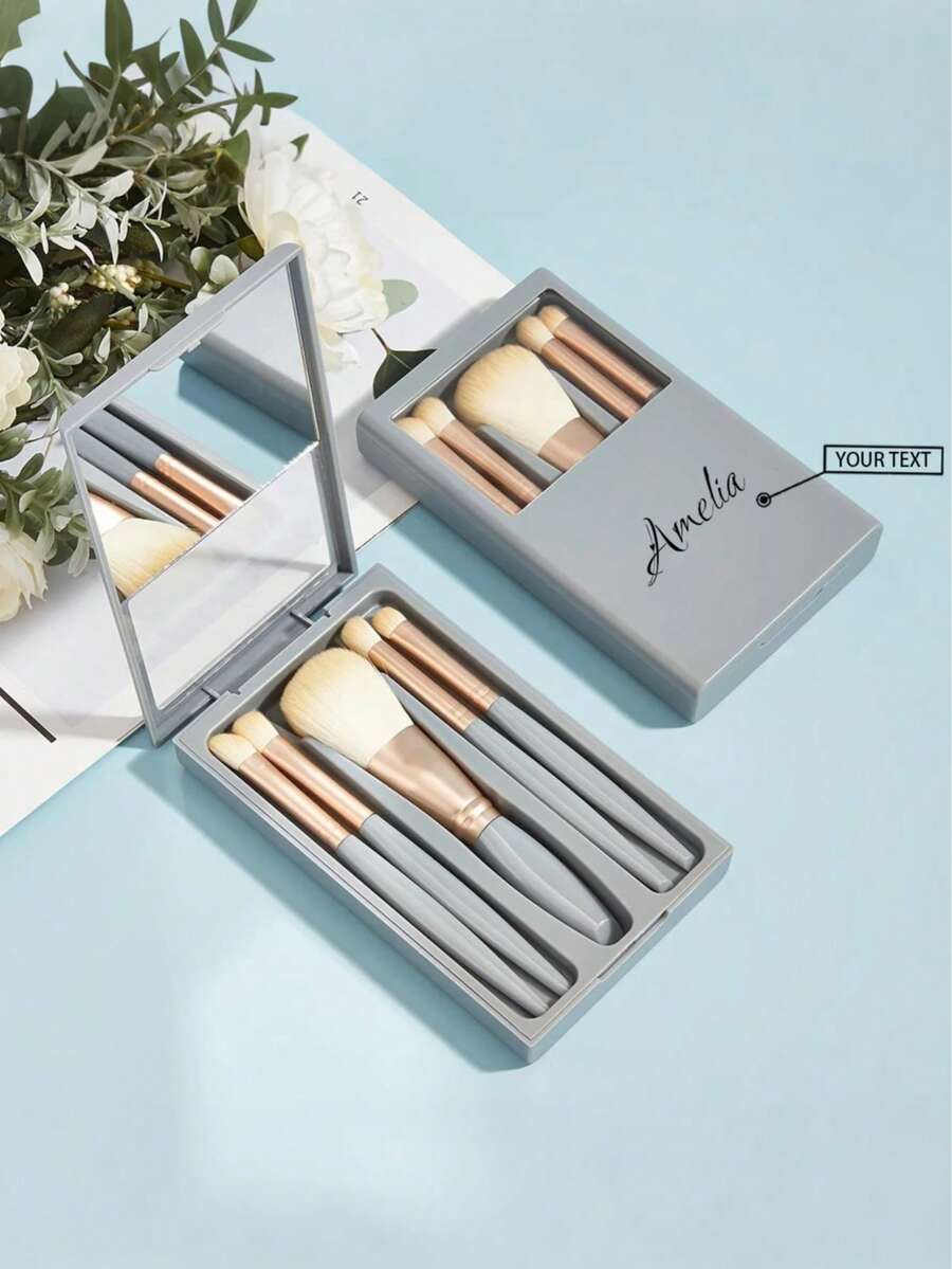 5pcs Personalized Makeup Brush Set With Mirror, Customized Makeup Brush Case, Portable Travel Makeup Kit, Suitable For Bridesmaids, Weddings, Valentine's Day, Mother's Day Gifts, Daily Makeup Set - Multicolor - View 1
