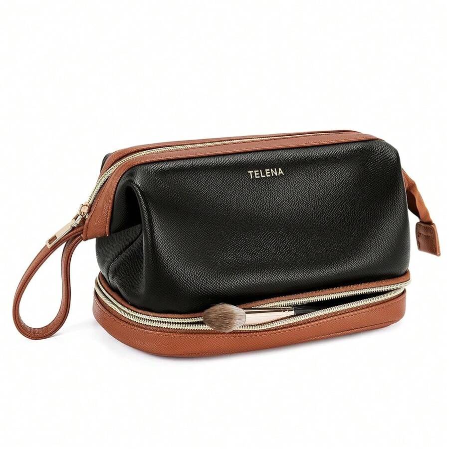 Telena Makeup Bag Large Capacity Travel Cosmetic Bag Portable PU Leather Water Resistant Makeup Organizer Bags For Women With Handle And Divider Open Flat (3-Black With Brown){"Color_name":"3-BlackwithBrown"} - 3-黑色與棕色 - 查看 1