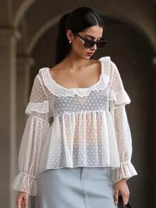 Womens Scoop Neck Ruffle Tops 3/4 Sleeve Solid Color Swiss Dots Loose Fit Sheer Shirts Spring Summer Blouses - White - View 4