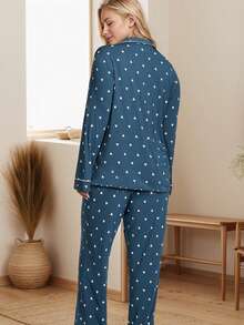女士翻领长袖上衣和裤子心形印花睡衣套装，冬季和秋季服装 - 藏蓝色 - 查看 3
