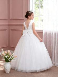 Girls' Elegant Backless Bow Pearls Mesh Sleeveless Maxi Dress, Suitable For Flower Girl, Birthday Party, Stage Performance, Wedding, Prom, Graduation, Christmas