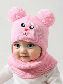 1 pezzo Passamontagna da sci a forma di coniglio per neonati 0-3 anni, berretto con doppia palla per bambini e bambine, cappello invernale lavorato a maglia, accessori essenziali per bebè - Multicolore - Visualizzare 3