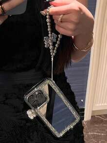 Luxury Rhinestone Edged Electroplated Button 3-In-1 Mirror Phone Case With Heart Shaped Bow Lanyard, Compatible With Iphone 17 Pro Max/16 Plus/XR - Silver - View 4