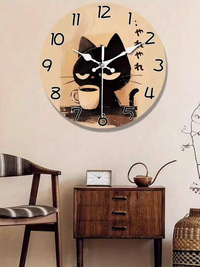 1Pc 10/12Inch Japanese Schattige Zwart Cat Large Wooden Wand Klok Battery Powered, Circular Silent Lazy Clock, ating Aesthetic Rooms, Living Bedrooms, Homes, Kitchens, Coffee Shops, Ideal Holiday (No Battery) view 2