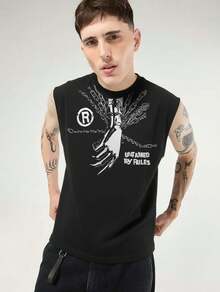 Men's 100% Cotton Oversized Tank Top Basic Printed Oversized Blouse Wider Sleeveless T-Shirt - 黑色 - 查看 1