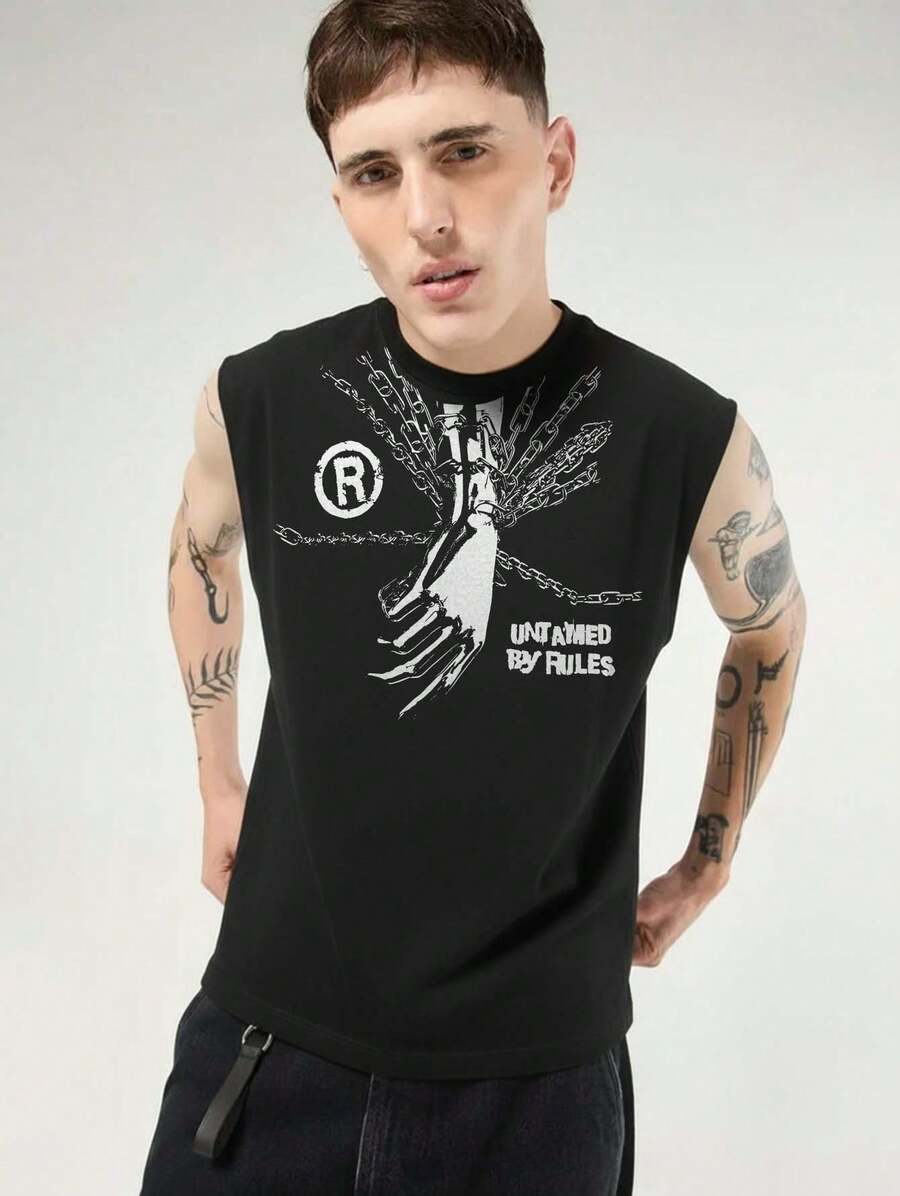 Men's 100% Cotton Oversized Tank Top Basic Printed Oversized Blouse Wider Sleeveless T-Shirt - 黑色 - 查看 1