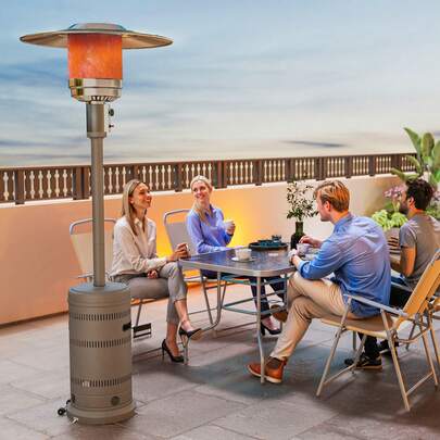  Outsunny Estufa de Gas Butano, 13 KW, Calefactor de Exterior a Gas Portátil con Temperatura Ajustable, Protección contra Vuelcos, Encendido Piezoeléctrico y Ruedas, Apta para Butano y Propano, Gris