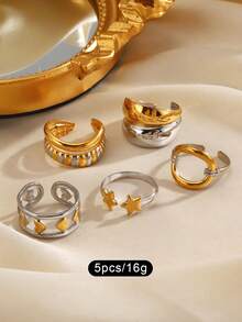 1 件不锈钢几何星形开口戒指，时尚简约珠宝适合女性日常佩戴 - 彩色 - 查看 15