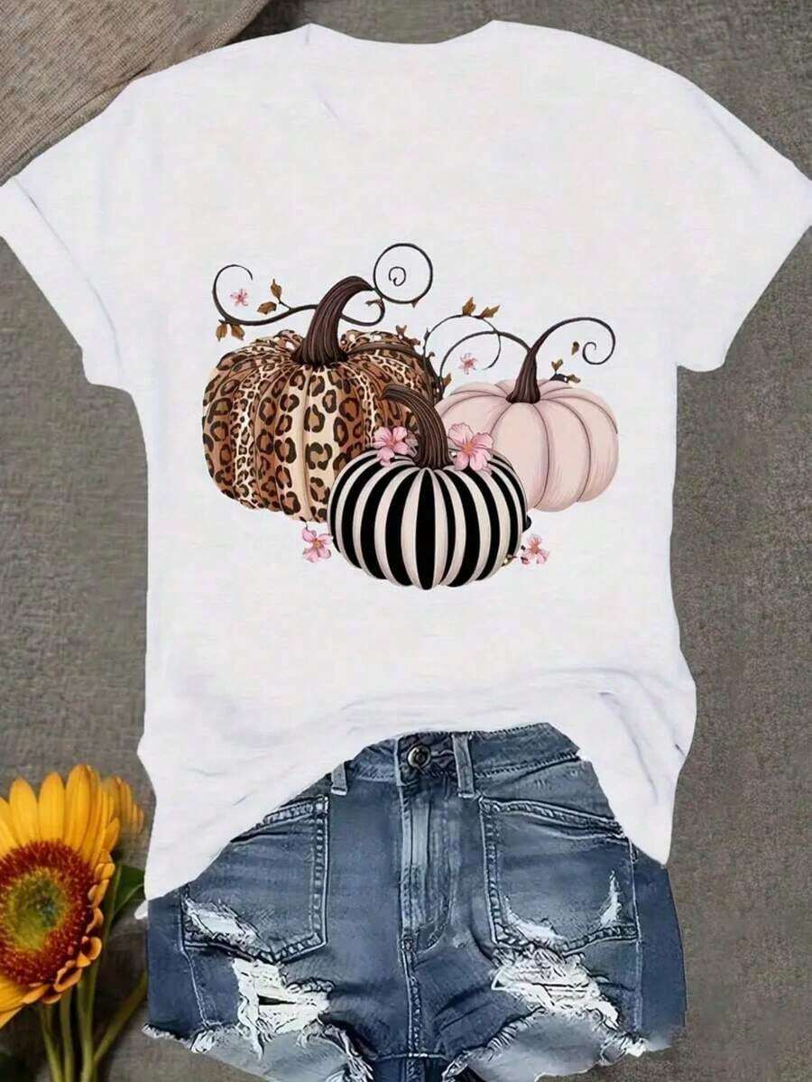 Thanksgiving Animal & Letter Print T-Shirt, Casual Short Sleeve Top For Spring & Summer, Women's Clothing Comfort Tops - White 1 - View 1