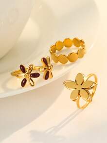 3 件套不锈钢金色双层 3D 花朵和棕叶花朵戒指套装，适合女性日常装饰 - 金黃色 - 查看 2