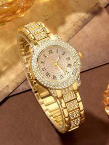 5 Stück elegantes Quarz-Uhren-Set für Frauen, Zifferblatt mit römischer Skala aus Legierung, mit Halsketten, Ringen, Ohrringen, Armbändern usw., Geschenk für Mütter, luxuriöser und bequemer Armband, klassisches rundes Zifferblatt, geeignet für Feste, Partys, Hochzeiten und den täglichen Gebrauch, ist das beste Geschenk für Frauen, ohne Verpackungsbox.