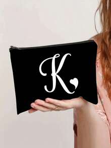 1pc Black Large-Capacity Cosmetic Bag, Printed With White Artistic Letters A-Z And A Heart Pattern,Hot-Selling Fashion Item Suitable For Travel, Toiletry, Multi-Functional Storage, Jewelry Storage, Coin Purse, Headphone Bag, Digital Storage Bag,Christmas Gifts,Pouch,Travel,Gifts For Women,Women's Necessaire,Travel Essential,Pouch,Clutch / Small Handbag,Necessaire,Makeup Organizer,Makeup Organize,Pouch,Brush Holder,Mini Pouch,Large Capacity Pouch