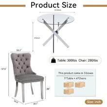 5 Piece Round Dining Table Set With 4 Upholstered Chairs, 36'' Glass Round Kitchen Table Set For 4, X-Shape Metal Legs, Silver Glass Dining Table And Chair Set For 4,23039234 - 銀色 - 查看 5