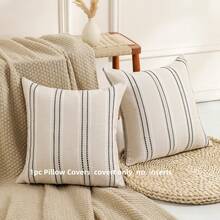1 件亚麻抱枕套，波西米亚纹理枕套，米色配白色和海军蓝针色织条纹靠垫套，适用于沙发客厅（仅枕套） - 黑色 - 查看 3