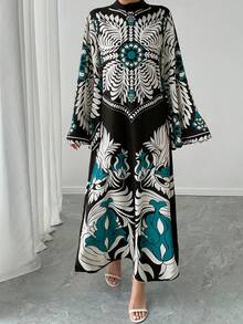 女士印花长袍，荷叶边袖，后背拉链，休闲长裙，优雅阿拉伯风格阿巴雅，奢华晚礼服，节日礼服，秋冬春季黑色 - 黑色 - 查看 10