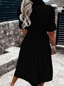 Women's Denim Shirt Dress V-Neck Short Sleeved Waist A-Line Jeans With Pockets Dress - 黑色 - 查看 2