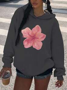 1件少女休闲印花套头卫衣，宽松版型，保暖内衬，适合秋冬季节，充满活力和想象力的设计，激发年轻心灵 - 深灰色 - 查看 7